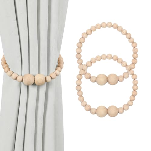 KLOGTSIND Magnetic Curtain Tiebacks, 2 Pack Curtain Holdbacks for Draperies, Wood Bead Curtain Tiebacks, Elegant Curtain Tie Backs for Bedroom Decor, Boho Room Decor, Nursery Decor, Farmhouse Décor
