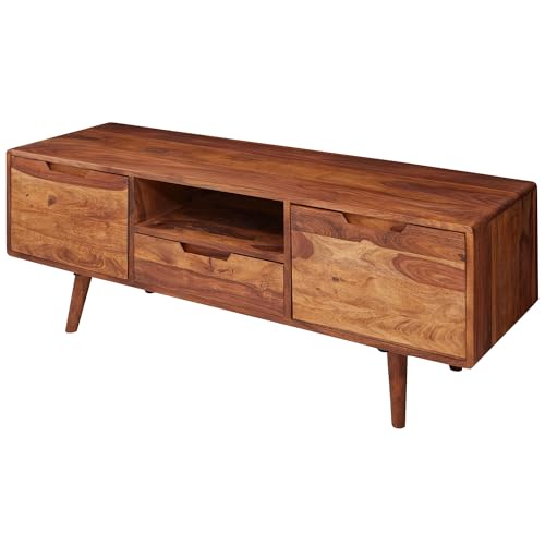 FineBuy HiFi Lowboard Sheesham Massivholz Landhaus TV Kommode 135x51x45cm, Fernsehschrank Unterschrank mit Schublade & 2 Türen, Fernsehtisch Ablagefach, Fernsehkommode TV Möbel Braun