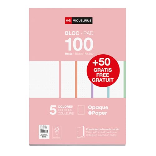 Miquelrius - Bloc de recambio de hojas A4 punteadas dots, 150 hojas de 90 g/m² en 5 colores pastel, Con perforaciones estándar para carpeta de anillas, Material escolar