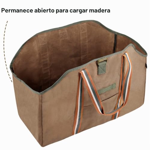 Miniatura 2 de Bonthee Bolsa Para Leña Para Chimenea, Cesta De Madera, Bolsa De Transporte Para Leña, Lona Encerada, Impermeable, Grande, Bolsa De Transporte De Madera Independiente, 1 Marrón, Clásico