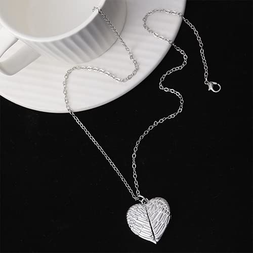 TOFBS Bilder Medaillon zum öffnen mit Kette Herz Engelsflügel Damen Personalisierte Halskette Amulett Anhänger mit Foto Schmuck (Silber)