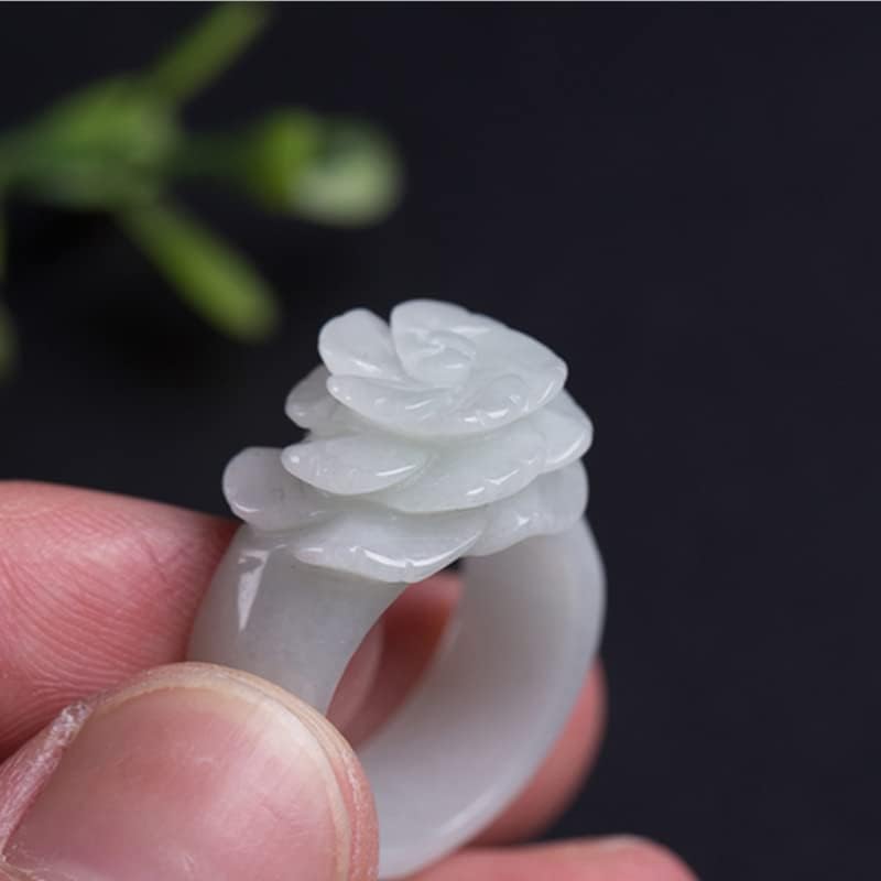 LSCZSLYH Trend Band Ring Natural Jade Stones Rings for Women Jewellery Emerald Rose Flower Hand-Carved Ladies Luxury Jewelry (Main Stone Color : White Green, Ring Size : 16mm-17mm)