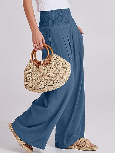 Image of ANRABESS Women Linen Palazzo Pants Summer Boho Wide Leg High Waist Casual Lounge Pant 2026 Beach Travel Vacation Outfits