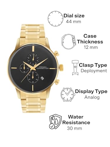 Image of French Connection Black Embossed Round Dial with Gold Stainless Steel Strap Chronograph Watch for Mens - FCO5GM
