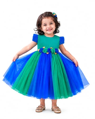 Image of Stanwells Kids Baby Girl Peacock Blue Net Frock Birthday Kids Dress for Girls Short Sleeve Flared Knee Length 6Months-8 Yeras