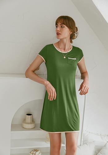 Image of Ekouaer Womens Nightgown Sleep Shirt Dress Satin Patchwork Short Sleeve Sleepwear with Pocket