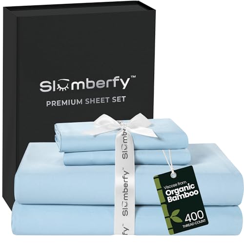 Image of Slumberfy 4-Piece 400 TC Viscose Derived from Bamboo Sheets, Queen Size - 1 Fitted, 1 Flat, 2 Pillow Cases - Deep Pocket Cooling Viscose-Bamboo Bed Sheets in Magnetic Closure Gift Box, Ligh Blue