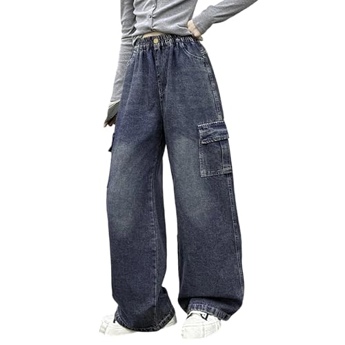 Pantalon cargo baggy fille jean denim jambes larges élastique enfants