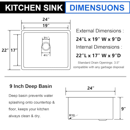 Image of 24 x 19 Inch Undermount Kitchen Sink, 16 Gauge Stainless Steel Single Bowl Under Counter, 24 inchx19 inchx9 inch Small Wet Bar Sink for Laundry Utility & RV with Drain