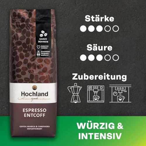 Hochland Kaffee – Espresso Entcoff (250g) – Entkoffeiniert, Kräftig & Harmonisch – Bitterschokolade, Zedernholz, Malzig – Für Siebträger & Vollautomat – Arabica & Robusta – Lateinamerika & Indien