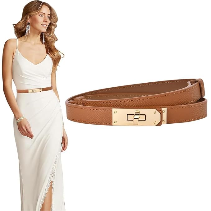 Smitex Skinny Belts for Women Dresses Turn-Lock Gold Buckle Adjustable Fashion Waist Belt for Pants Jeans Business Casual-image-16