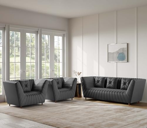 Image of Amazon Brand - Solimo Corell Tufted Velvet Fabric 3+1+1 Seater Sofa for Living Room Furniture (Grey)|3 Year Warranty