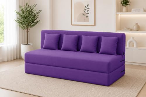 Image of Los Angeles Foldable Four Seater Sofa Cum Bed, Sofa Bed 6 X 6 Feet Jute Fabric Washable Cover- Including Cushion Perfect for Living Room - Purple Color
