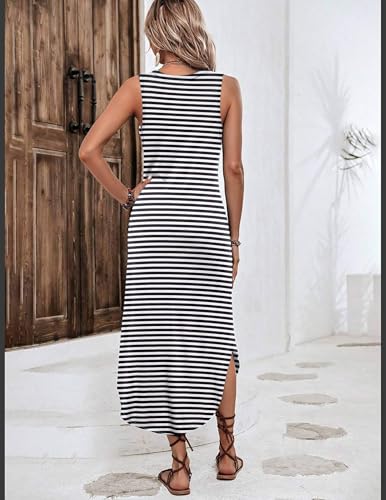Image of Zeagoo 2026 Summer Striped Dress Black and White Long Dress Casual Sleeveless Beach Dress Comfy Cotton Sundress, Black Striped,S