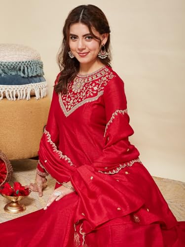 Image of MOKOSH Women's Embroidered Silk Anarkali Kurta Pant with Dupatta | Anarkali Kurta Set | Embroidered |Occasion & Festive Traditional | 3 Piece Outfit