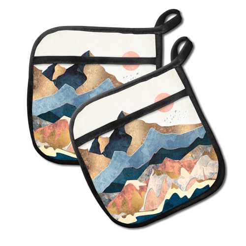 JYCardPKT Pot Holders for Kitchen, Heat Resistance Hot Pads, Cute Potholder with Pocket for Kitchen Cooking Baking 2 Packs, Beautiful Mountain View