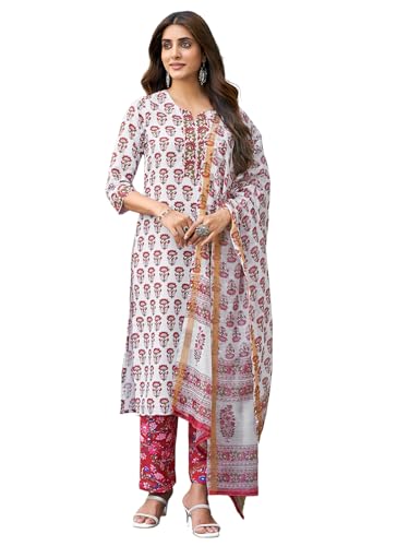 Sanisa Women's Rayon Blend Floral Printed Straight Kurta With Pant And Dupatta Set| Ethnic Set | Suit Set | Kurta Set(129Kbd1394N-S_White & Maroon & Multi)