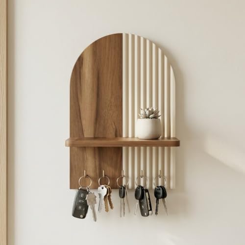 Image of Home Sparkle Wall Mounted Key Holder for Home Entrance with Shelf | Premium MDF Wood Organizer with Paint Finish | Modern 5 Hooks for Keys Small Planter & Decorative Essentials | Walnut & Ivory White
