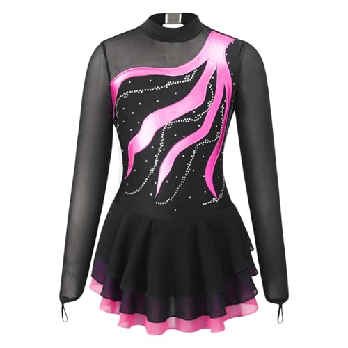 ranrann Robe Patinage Artistique Fille Enfant Justaucorps Gymanstique Manches Longues Strass Tenue Ballet Gym Costume Spectacle 5-16 Ans Rose&Noir 9-10 Ans