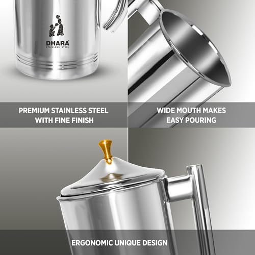 Image of Dhara Stainless Steel 2L Water Jug with Lid, Stain Resistant, Leakproof, Steel Jug for Table and Home Use