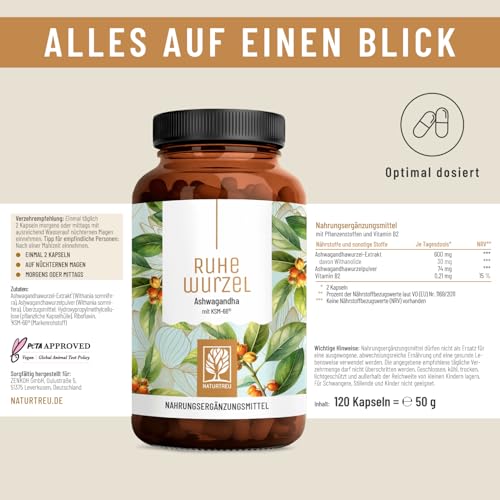 NATURTREU Ruhewurzel - Ashwagandha KSM-66® hochdosiert 120x Kapseln - 600 mg Ashwagandha pro Tag - Komplex aus Ashwagandha-Wurzelextrakt & Ashwagandhawurzelpulver - Vegan