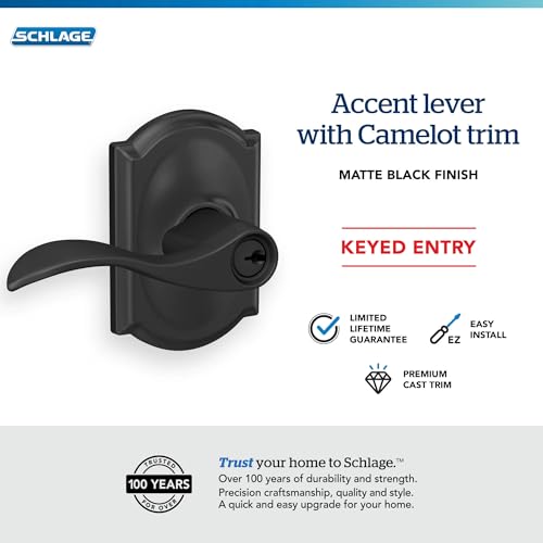 Image of SCHLAGE Accent Lever with Camelot Trim Keyed Entry Lock in Matte Black - F51A ACC 622 CAM