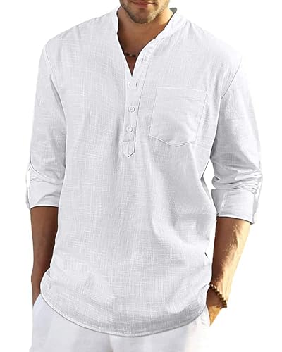YAOBAOLE Chemise Col Mao Homme Chemise en Lin Homme Eté Chemisette Grande Taille de Plage Blanc XXL