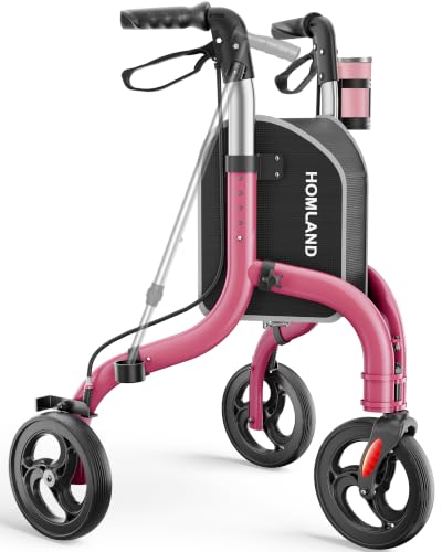 Image of HOMLAND Foldable 3 Wheel Walkers for Seniors, Lightweight 10.4 lbs | with Cane & Cup Holder, Height Adjustable, 8'' big wheel, Ruby Red