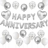 Anniversary Decorations Silver White,Happy Anniversary Foil Balloon Banner with Confetti,Latex,Foil Heart Balloons for Celebrations Surprise Events Romantic Night