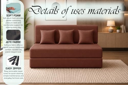 Image of Sofa Cum Bed with Jute Fabric, Convertible Three Seater Sofa Bed 5x6 Ft, Comfortable Cushioned Seating, Space Saving Design for Living Room, Bedroom & Guest Room - Brown Color