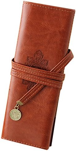 FOREVER YUNG Faux Leather Cosmetic Pencil Brush Holder Folding Pouch Brown