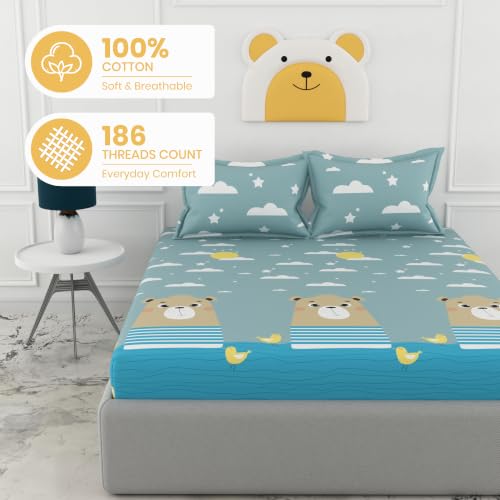 Image of LORETO - A QUALITY LINEN BRAND 186 TC 100% Pure Cotton King Size Fitted Bedsheet with 2 Pillow Covers for 78 x 72 Inch Mattress, All-Around Elastic, 8 Inch Deep Pocket, Aqua Blue Bear & Duck