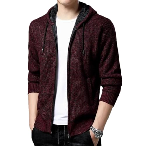 Men’S Fleece Lined Hooded Cardigan Slim Fit Turn-Down Collar Long Sleeve Full Zip Knitted Sweatercoat