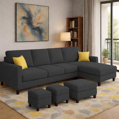 Image of Casaliving Rolando Seater L Shape Sofa Set for Living Room Left Side (Black, 6 Seater with Ottomon - RHS)