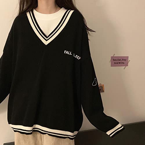 Image of Korean Women's Sweater Academy Style V-Neck Letter Pullover Women's Casual Loose Sweater