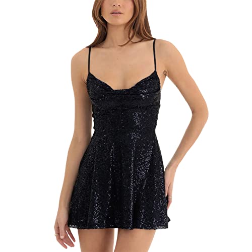 Cjfdfy Women's Sequin Dress Sexy Backless Spaghetti Strap Cowl Neck Sparkly Glitter Mini Dress for Cocktail Homecoming Party (Black, S)
