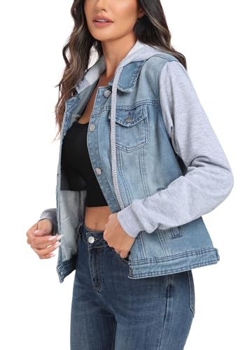 MISS MOLY Women's Hooded Jean Jacket Drawstring Layered Washed Long Sleeve Sweatshirt Hoodie Denim Jacket w 2 Pockets3