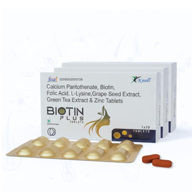 Knoll Healthcare Biotin Plus Tablets with Grape Seed Extract, Green Tea Extract, Zinc & L-Lysine | Supports Hair, Skin & Nail Health | Antioxidant & Nutritional Supplement (3x10 Capsules)