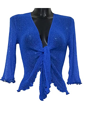 Image of Womens Bali Crochet Knitted Cropped Bolero Sheer Cardigan Ladies Tie Up Open Front Shrug Plus Size Lightweight Summer Top