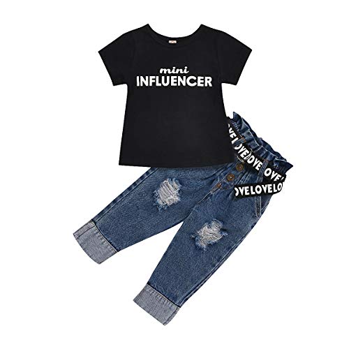 citgeett Toddler Baby Girls Denim Outfits Off Shoulder Tube Top+Ripped Jeans Pants Set Kids Summer Clothes (Black Letter, 2-3 Years)