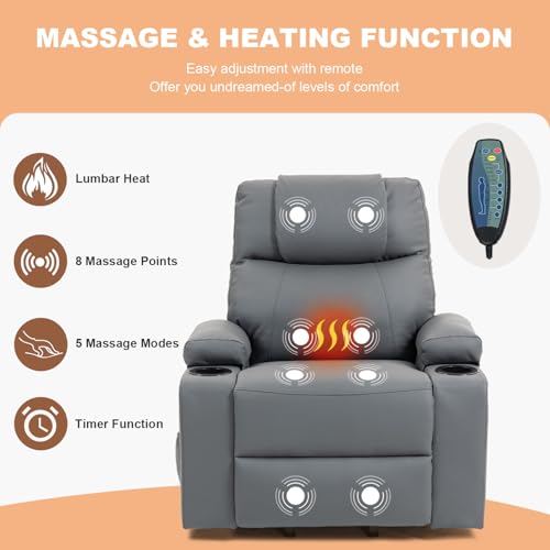 Image of Power Lift Recliner Sofa Chair, Electric Stand Assit for Elderly People, Faux Leather Reclining Chair with Cup Holders, Massage & Heat Functions, Living Room or Bedroom Furniture for Resting, Gray