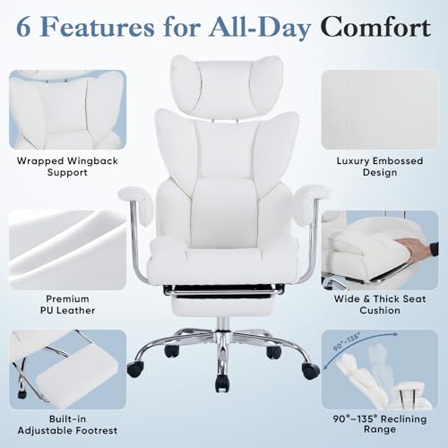 Image of DUMOS Big and Tall Office Chair 400 LBS, Scratch-Resistant PU Leather Executive Office Desk Chair with Footrest, Ergonomic Reclining Computer Chairs with Pocket Spring Support, White