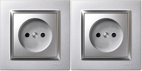 SIMON - Enchufe de Empotrar Bipolar, Serie Simon 10, 250V, 10 A, Enchufe de Pared Plano y Fino, Fácil de Instalar, Incluye Marco, Tapa y Mecanismo, Base de Enchufe Hembra Color Aluminio (Paquete de 2)