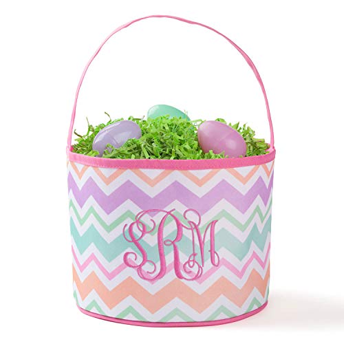 Personalized Chevron Bucket Bag with Custom Monogram | Orange and Pink Stripped Easter Bag with Handle | Soft Egg Basket for Kids | Customized Easter Basket | Great for Book and Toy Storage