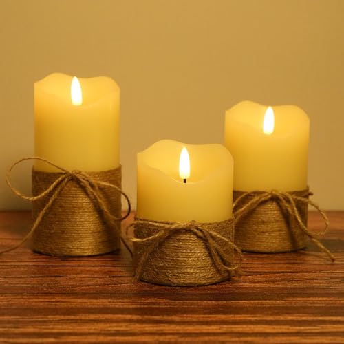 Image of 3Pcs LED Flameless Pillar Candles for Home Wedding Party Decor | Realistic 3D flicker hemp rope LED candles 4 inch /5 inch /6 inch, battery‑run. Equipped with remote timer for versatile indoor decor.