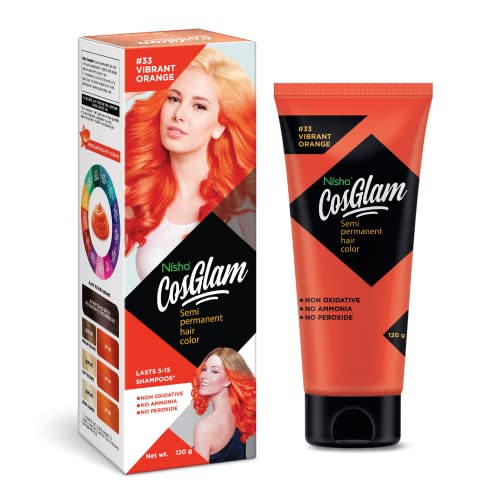 Nisha Cosglam Vegan And Cruelty Free Semi Permanent Hair Color, Orange Hair Dye With Infused Conditioner | No Ammonia, No Peroxide, Non Oxidative Hair Colour - 120g / 4.06 Fl Oz (#33 Vibrant Orange)
