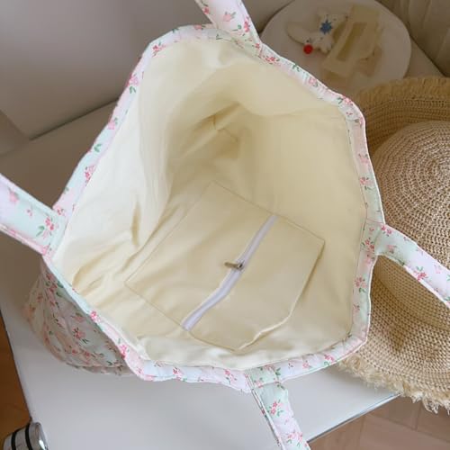 Image of Floral Quilted Cotton Shoulder Bag for Women Daily Use Medium Size Handbag Large Capacity Thickened Design Tote
