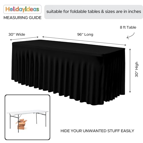 Image of HolidayIdeas Black 8ft Rectangle Spandex Tablecloth 4 Pcs Fitted Stretch Table Skirts 30x96 Inch, Ruffle Design Wrinkle-Free Polyester Table Cover for Banquets,Trade Shows, Parties, Events