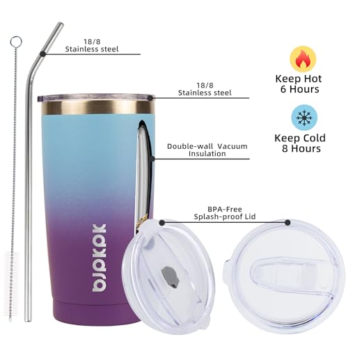 Image of BJPKPK 20oz Coffee Tumbler with Lid & Straw, Insulated Stainless Steel Mug | Double Wall Vacuum, Keeps Hot /Cold, BPA Free, Leak Proof, Iced Coffee Cup Fit Car Holder, Travel & Beach, Ocean Dream