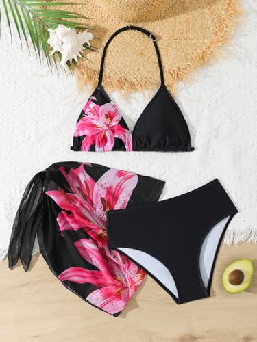 Image of SEGT Girl's 3 Piece Striped Bikini Swimwear Cute Swimsuits Bathing Suit High Waisted with Cover Up Beach Skirt